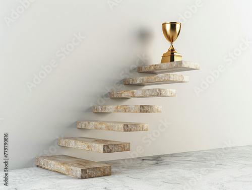 Stairs leading to a trophy at the top, symbolizing the climb of ambition and the reward of success photo