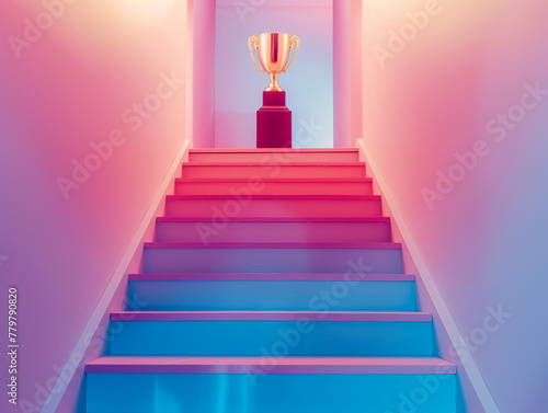 Stairs leading to a trophy at the top, symbolizing the climb of ambition and the reward of success photo