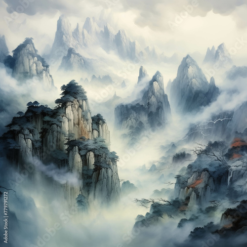 Watercolor painting of a valley with mist in a fairytale atmosphere. photo