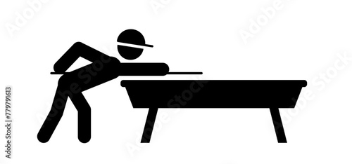 Stickman play billiards on billiard table or snooker table with cues and balls. Cartoon pool table with cue and ball. Game tools.