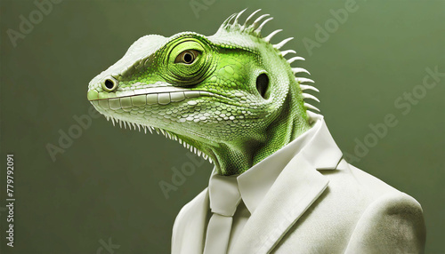 Profile of a green lizard in stylish white suit and Jacket.