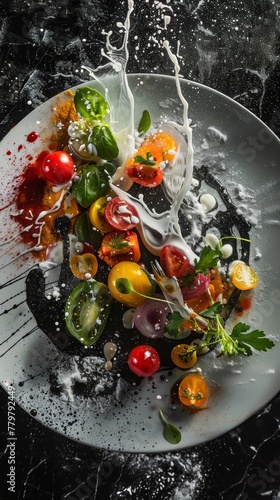 Ponzus splash on a beautifully arranged plate captures a moment of delectable cuisine photo