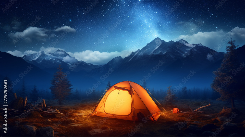 The tent glows under the night starry sky