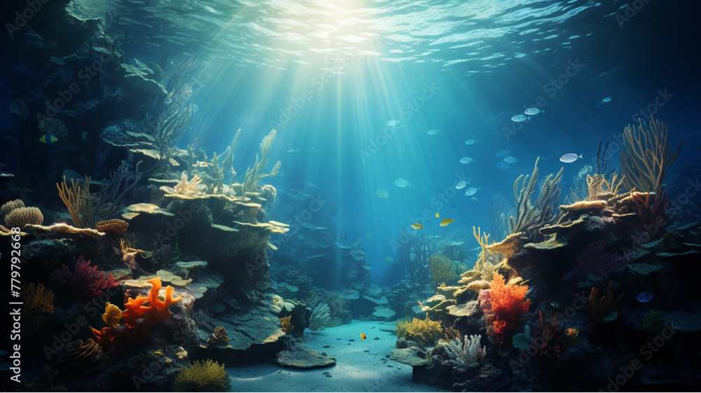 Beautiful seabed in shades of blue with algae and beautiful light Beautiful seabed in shades of blue with algae and beautiful light