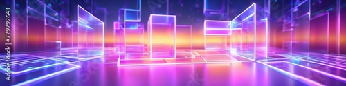 Abstract geometric 3D illustration with holographic glow. Background for banner design, poster, website header, place for text. 