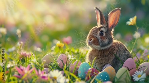Adorable Bunny With Easter Eggs In Flowery Meadow with copy space. Banner © Denis