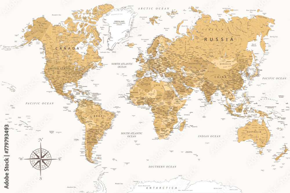 World Map - Highly Detailed Vector Map of the World. Ideally for the Print Posters. Golden Spot Beige Retro Style.