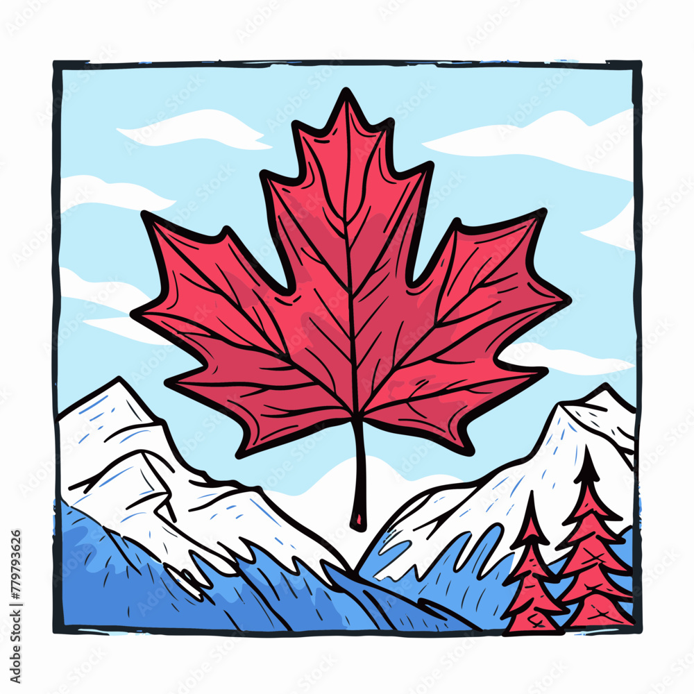 A simple flat illustration of a maple leaf against a backdrop of the Canadian Rockies