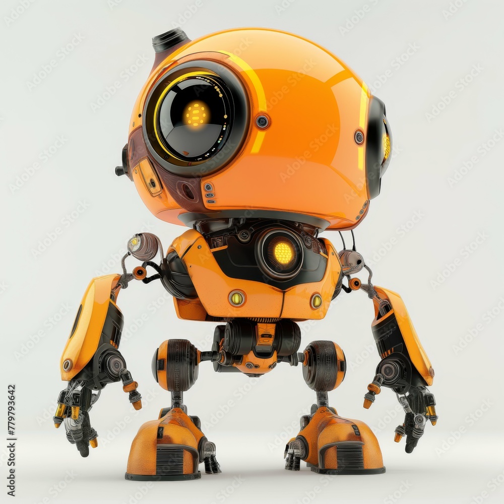 A cartoon robot, orange in color.  Cute baby cyborg, retro, futuristic modern robot, android, toy character