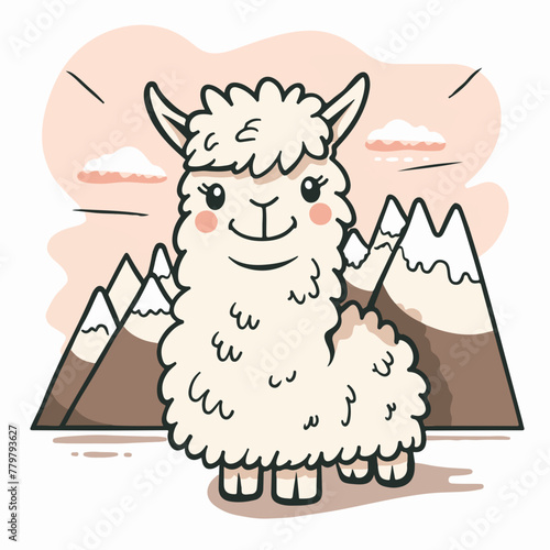 A simple flat illustration of a Peruvian llama overlooking the Andes mountains