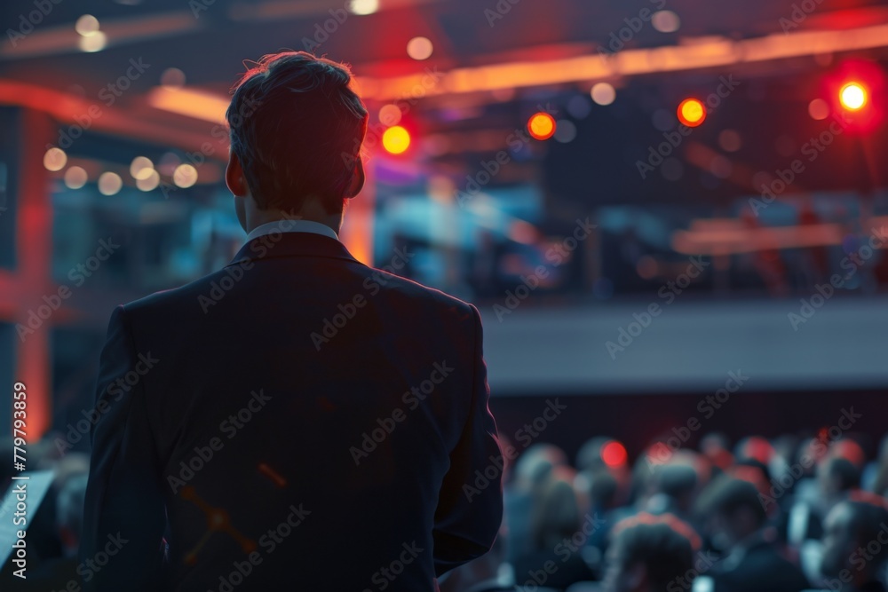 Rear view of a businessman addressing the audience at a dynamic conference event, capturing leadership and professionalism. Rear view of a businessman addressing the audience at a dynamic conference event, capturing leadership and professionalism.