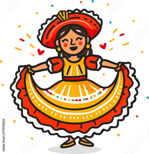 A simple flat illustration of a joropo dancer in traditional dress, symbolizing Venezuela's national dance photo