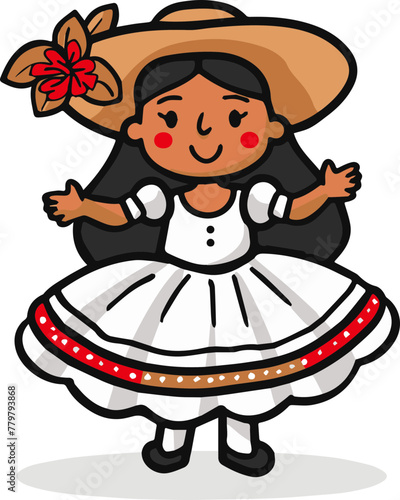 A simple flat illustration of a joropo dancer in traditional dress, symbolizing Venezuela's national dance photo