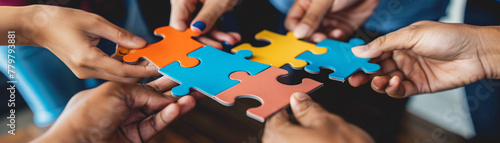 Hands from diverse team members holding puzzle pieces about to connect, illustrating the power of collaboration and unity in solving complex problems