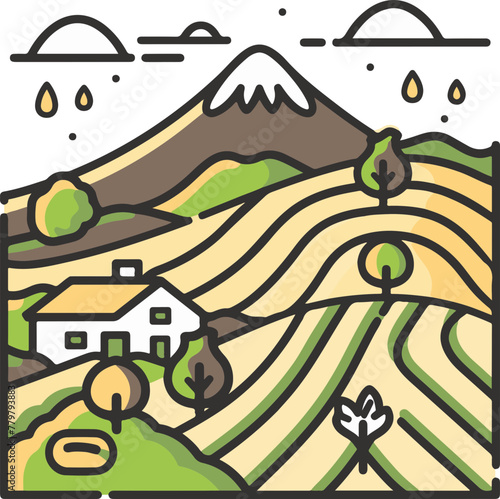 A simple flat illustration of the Boquete coffee plantations with a backdrop of Baru Volcano
