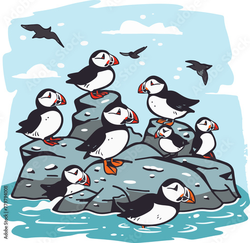 A simple flat illustration of a group of colorful Atlantic puffins on the rocky coast of Newfoundland