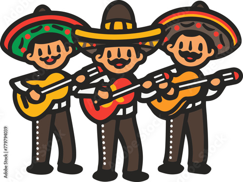 A simple flat illustration of a Mariachi band playing vibrant music