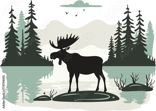 A simple flat illustration of a moose standing in the misty morning in Denali National Park