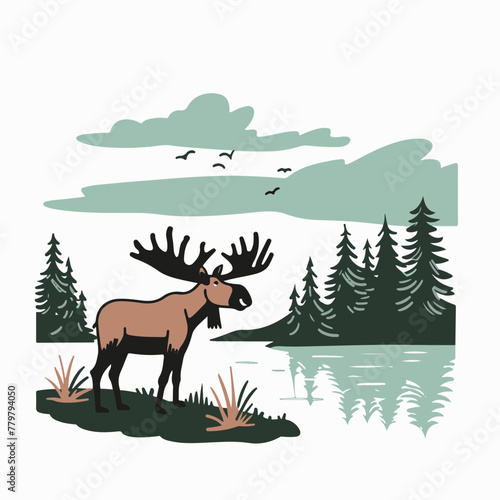 A simple flat illustration of a moose standing in the misty morning in Denali National Park