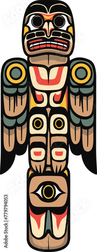A simple flat illustration of a totem pole with traditional Tlingit design