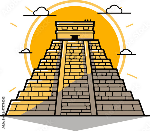 A simple flat illustration of the ancient Mayan ruins of Chichen Itza at sunset