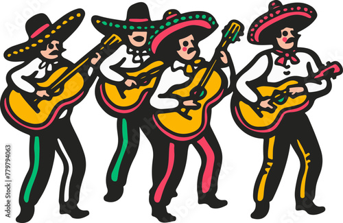 A simple flat illustration of a Mariachi band playing vibrant music