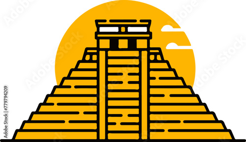 A simple flat illustration of the ancient Mayan ruins of Chichen Itza at sunset photo