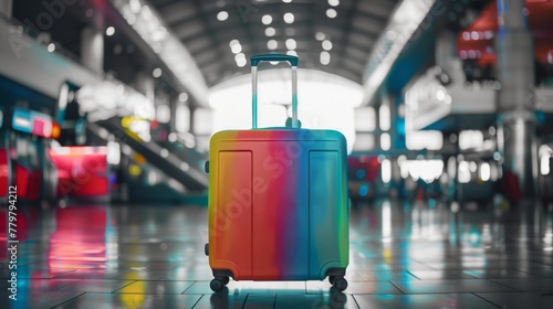 Colorful suitcase alone in a bustling airport terminal interior