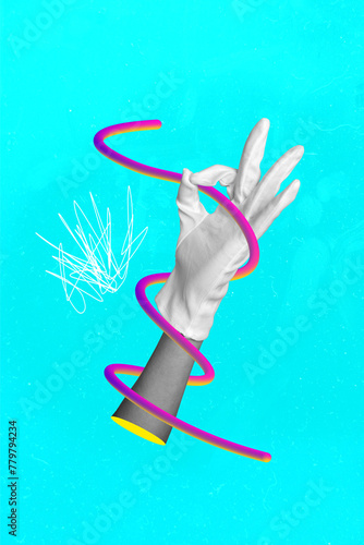 Collage picture of rope wrapping around female hand in white glove isolated on cyan color background