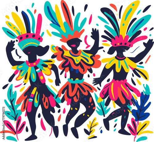 A simple flat illustration of a Carnival parade in Rio with dancers in feathered costumes