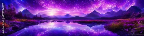Abstract surrealistic illustration lanscape in purple colors, background for design, space for text. photo