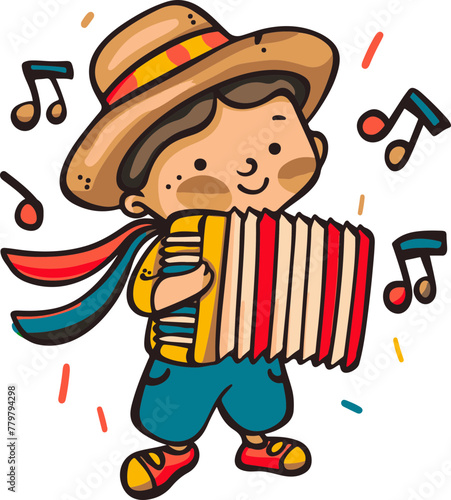 A simple flat illustration of a traditional Vallenato musician playing the accordion