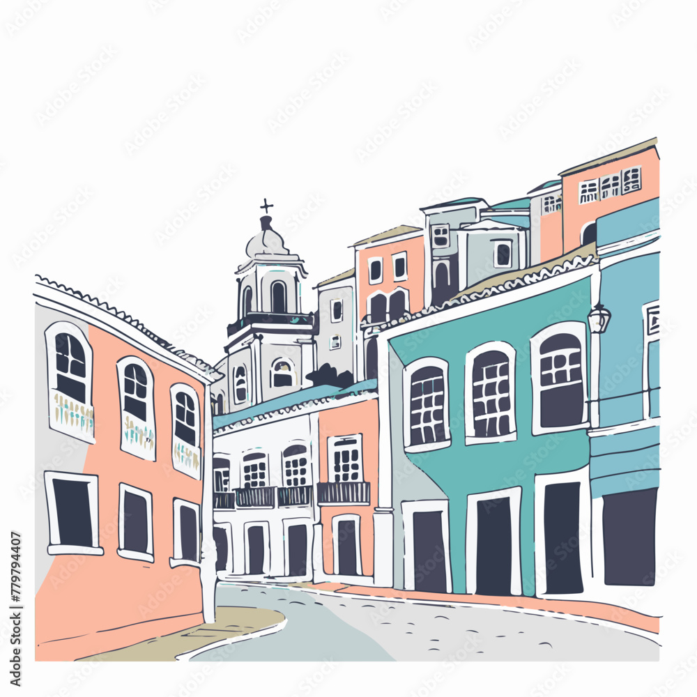 A simple flat illustration of the historic Pelourinho district in Salvador, Bahia