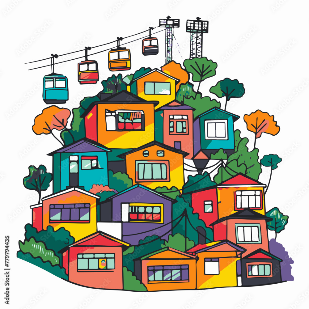 A simple flat illustration of Valparaiso's colorful hillside houses and funiculars