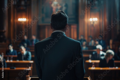 Rear view of a confident lawyer standing in a courtroom, about to present a case before the judge and audience.