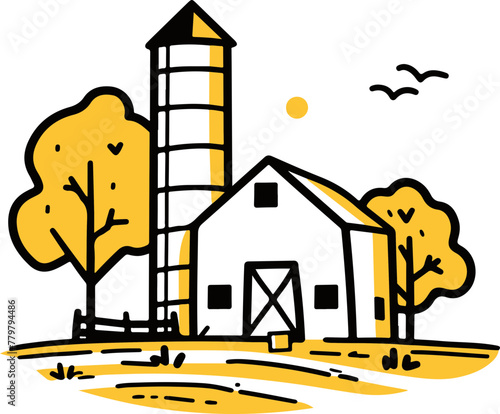 A simple flat illustration of a barn and silo in the Midwest during harvest season, symbolizing America's heartland photo