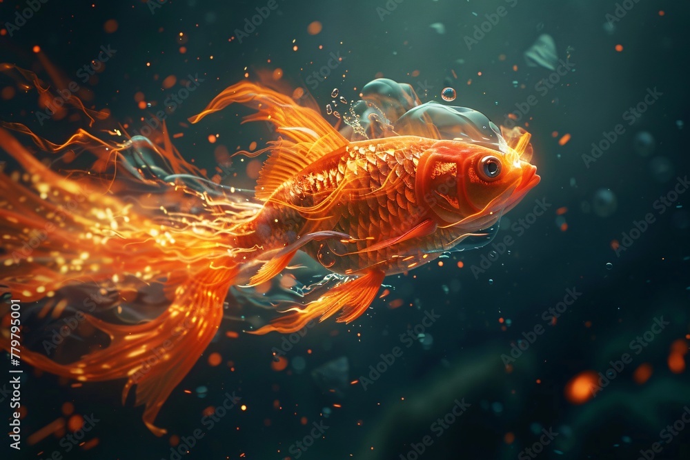 A goldfish gracefully swims in water illuminated by bright lights, showcasing its vibrant colors and fluid movements