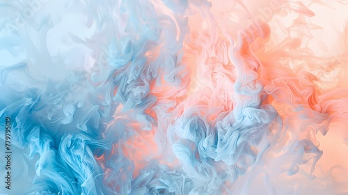 Soft peach and powder blue gently blend  creating an ethereal and delicate abstract artwork reminiscent of a pastel sunrise.