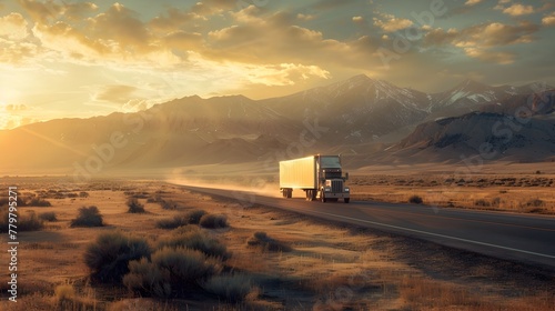 Semi Truck Traversing Scenic Mountain Road at Golden Sunrise with Vast Desert Landscape