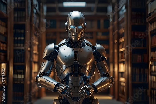 ai robot reading book in library,Generative ai.	 photo