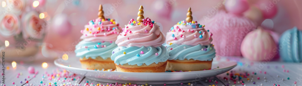 Three cupcakes with pink and blue frosting and sprinkles on top Three cupcakes with pink and blue frosting and sprinkles on top