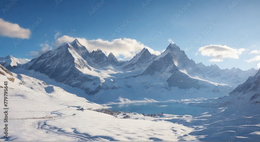 A magnificent snow covered landscape stretches out beneath the towering snow capped peaks of mountain, bathed in the soft light.