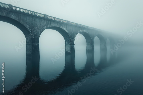 A dark grey bridge in the fog