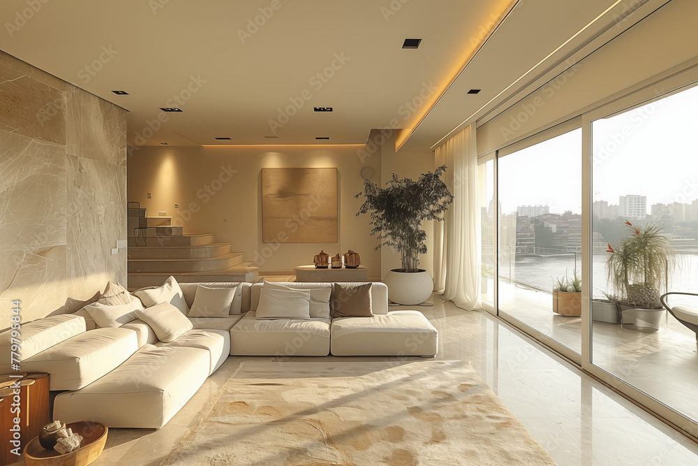 modern panoramic living room on the terrace that has an exit to the lake modern panoramic living room on the terrace that has an exit to the lake