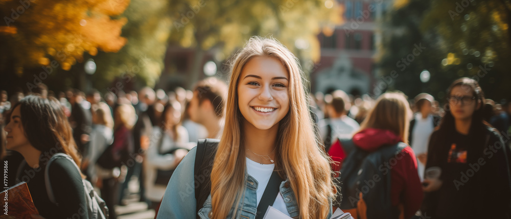 Bright young female student with flowing hair, smiling amongst her peers on a crowded college campus, with historic academic buildings in the backdrop, highlighting the spirit of higher education.