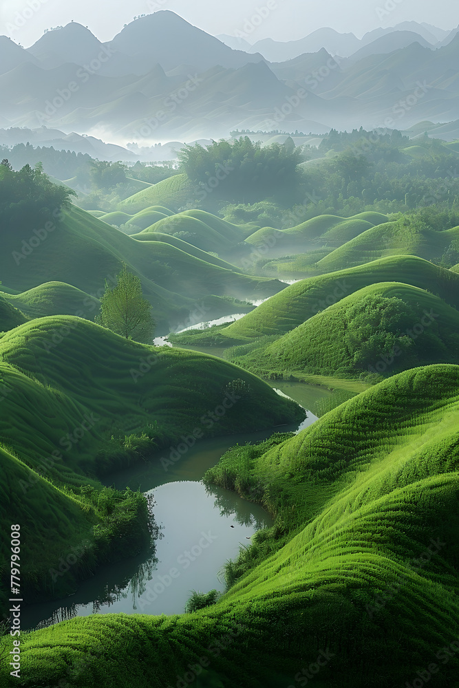 Misty River Winding Through Lush Green Terraced Hills, Generative AI