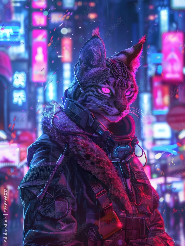Futuristic anthro lynx in cyberpunk fashion, neon lights, dynamic city night
