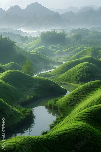 Misty River Winding Through Lush Green Terraced Hills, Generative AI © Crowcat