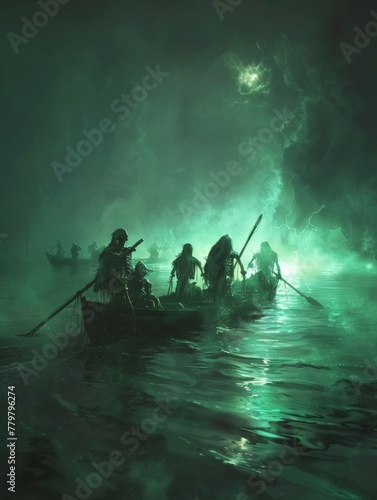 Skeletons rowing a boat in a misty, moonlit lagoon, with phosphorescent algae illuminating the water around them