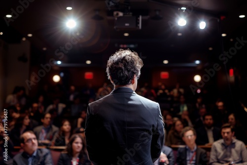 Back view of a male speaker addressing an engaged audience during a professional seminar in a well-lit conference hall.